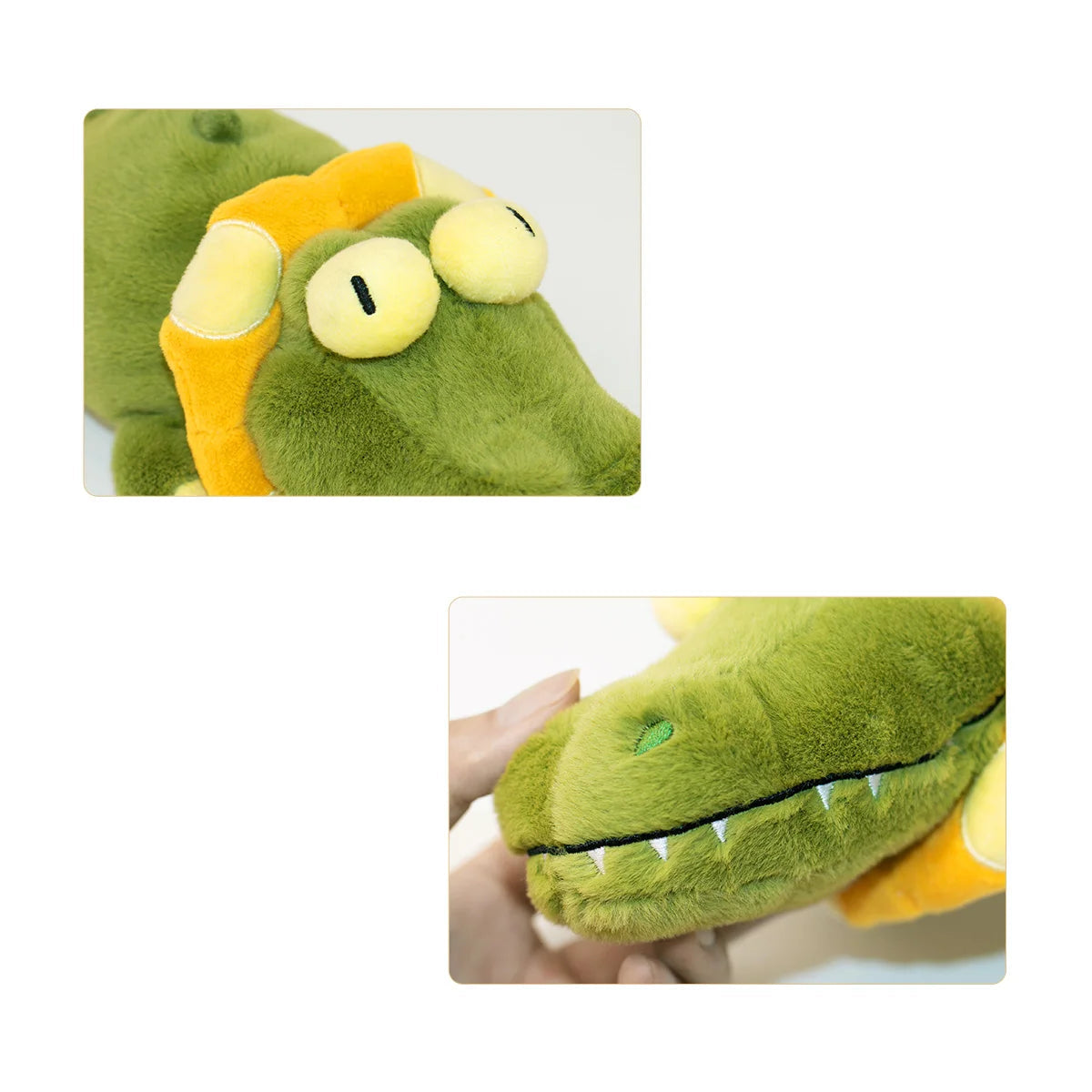 Green plush toy with large eyes and embroidered facial features on a white background sold by thinkypets
