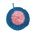 Blue woven dog snuffle mat with a pink rose design on a white background