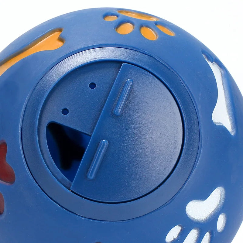 Blue and orange ball-shaped pet toy with paw prints on a white background sold by thinkypets