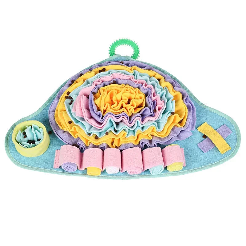 Colorful puppy toy with rattle and teether on a white background
