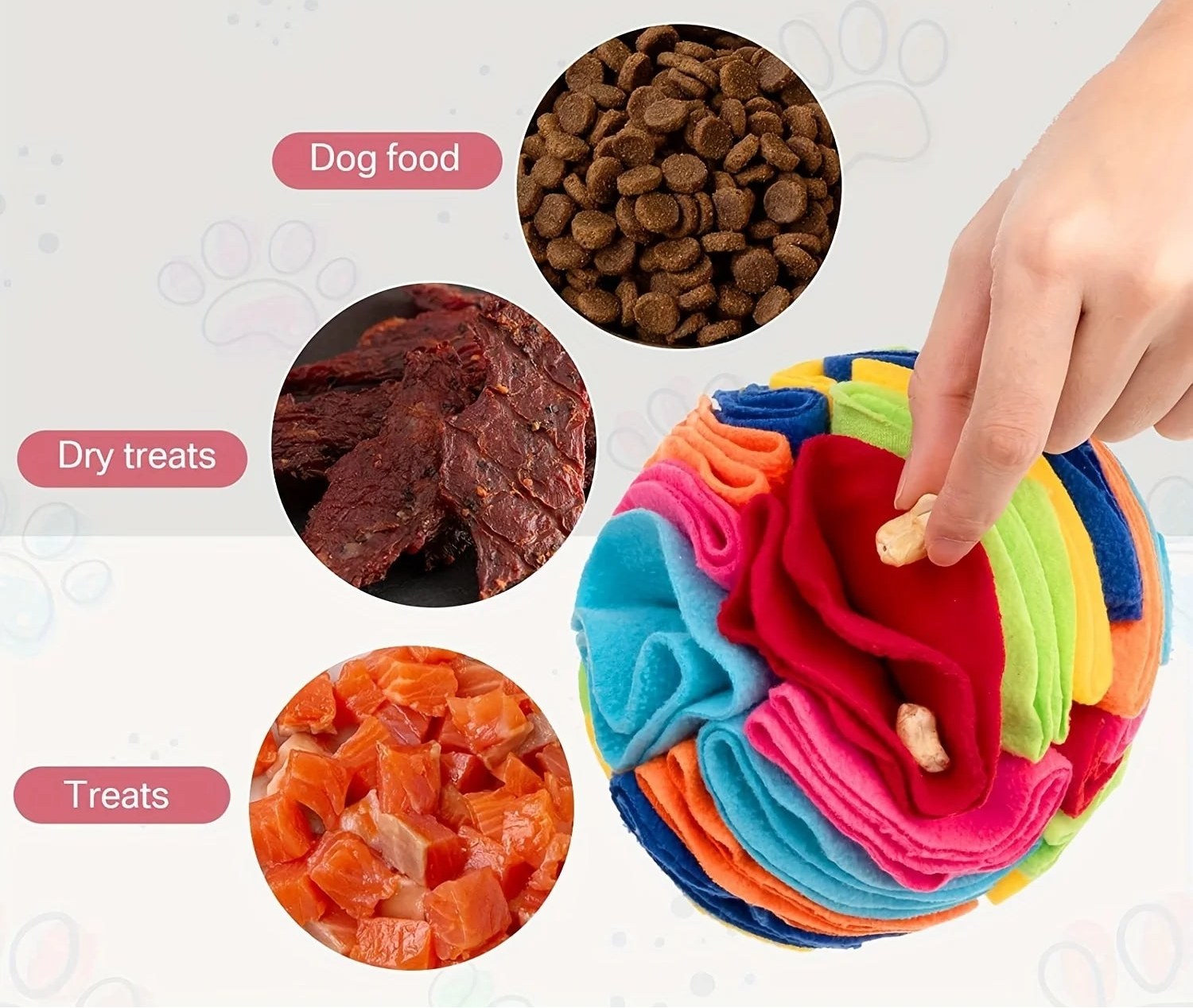 Colorful dog toy with treats and text about training dogs' sense of smell.