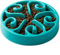 Turquoise slow feeder bowl with pet food inside on a white background