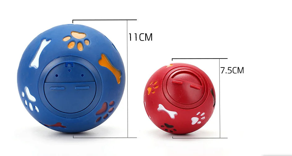 Two dog toys, one blue and one red, with measurements on a white background sold by thinkypets