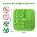 Green silicone mat with measurements and safety icons on a white background