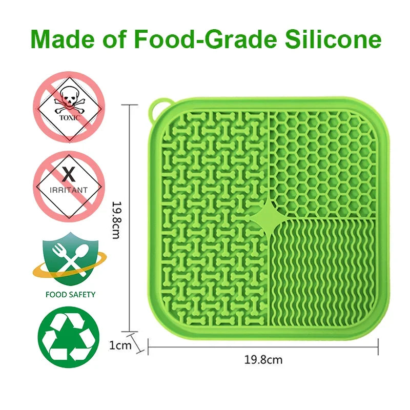 Green silicone mat with measurements and safety icons on a white background