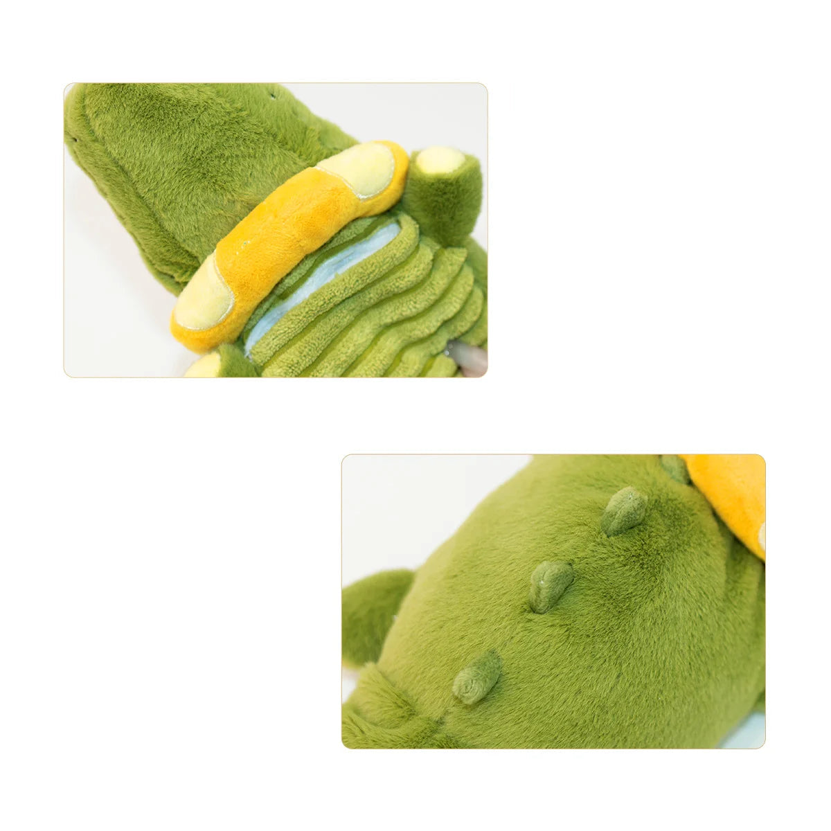 Green plush toy with a yellow ring, showing a close-up of its float ring shape and detailed back design sold by thinkypets