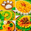 Collage of felt animal crafts including a bear, sunflower, hedgehog, and more on a yellow background.