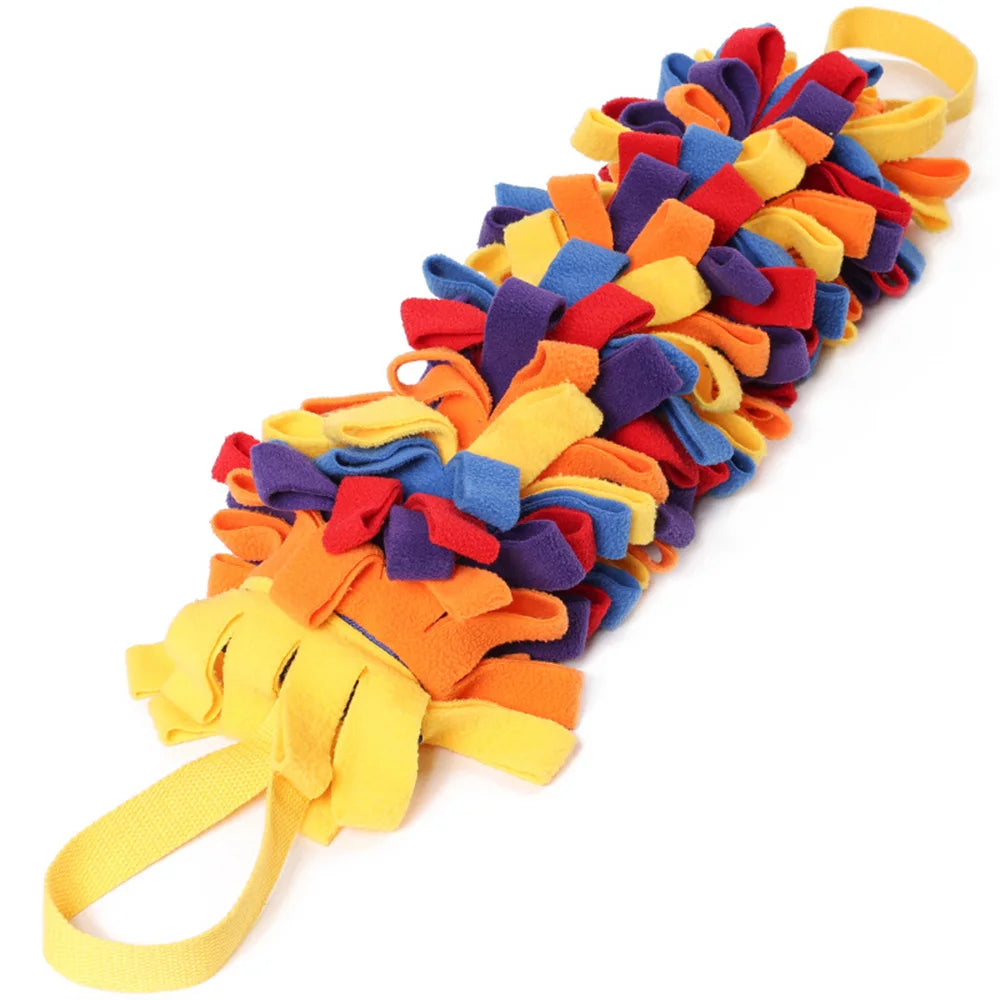 Colorful dog toy with a handle on a white background