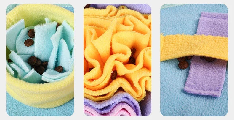 Three colorful hidden areas shown on a sniffle mat for dogs on a blue background