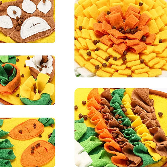 Colorful felt craft pieces shaped like a sunflower with various hiding spots on a white background.