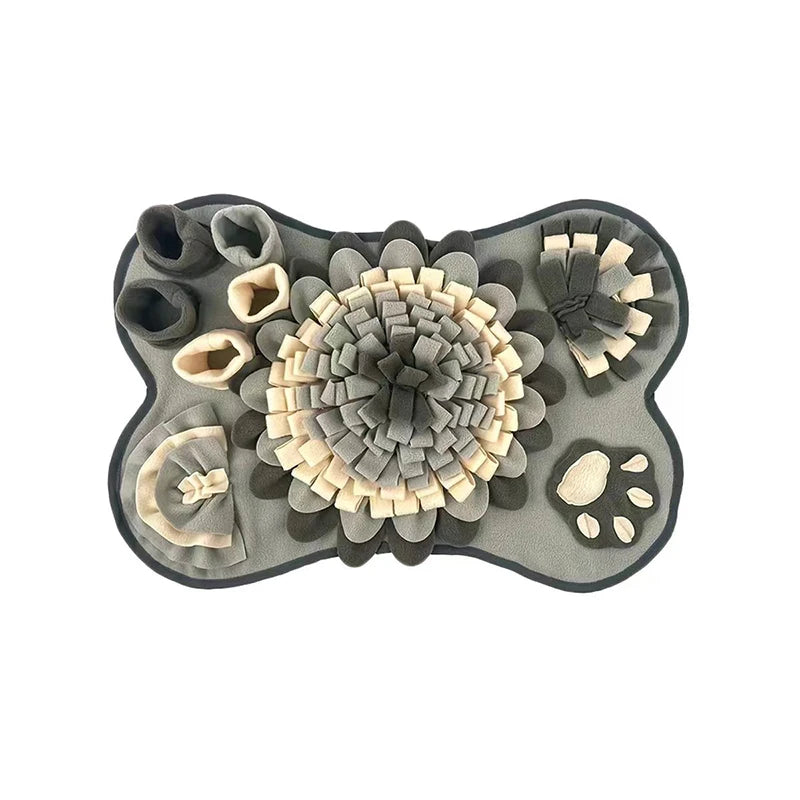 Gray paw-shaped pet toy with floral design and paw prints on a white background by ThinkyPets