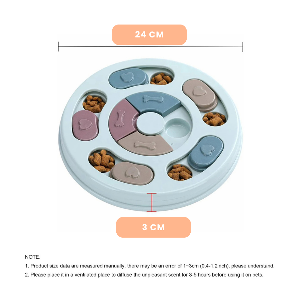 Pet puzzle toy with compartments filled with treats, measurement details on a white background sold by ThinkyPets