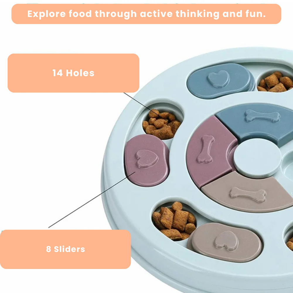 Pet puzzle toy with food compartments and text about active thinking and fun sold by ThinkyPets.