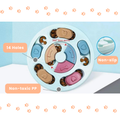 Pet slow feeder puzzle with multiple holes and a non-slip design on a light blue background sold by ThinkyPets