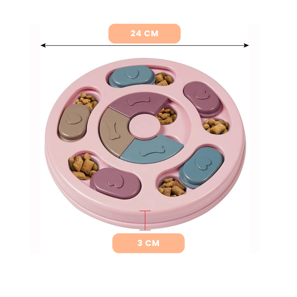 Pink pet puzzle toy with compartments filled with treats, showing dimensions on a white background sold by ThinkyPets