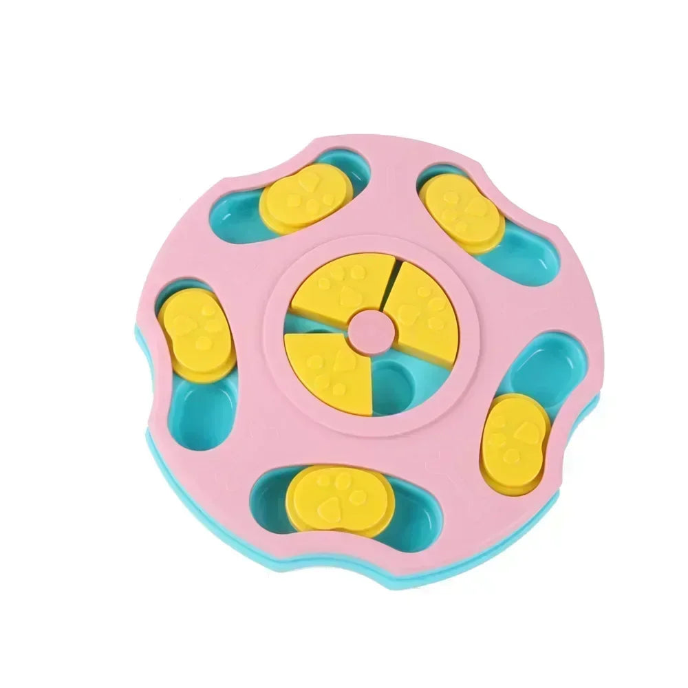 Dog interacting with a blue and yellow puzzle toy on a white background from thinkypets store online