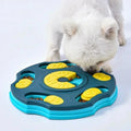 Dog interacting with a blue and yellow puzzle toy on a white background from thinkypets store online