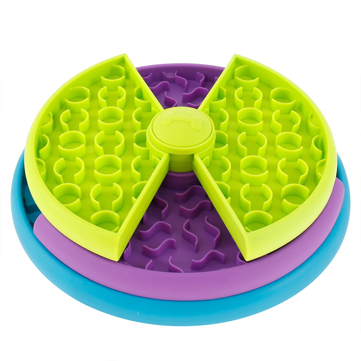 Colorful plastic dog puzzle toy with green, purple, and blue sections on a white background shipped by ThinkyPets