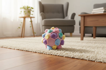 Colorful textured ball held in a hand against a plain background from ThinkyPets store