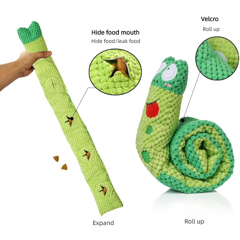 Green snake-shaped toy with features highlighted on a white background from shop ThinkyPets