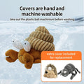 Plush crab with washable cover and additional figures on a water background - showing interactive dog toy from ThinkyPets