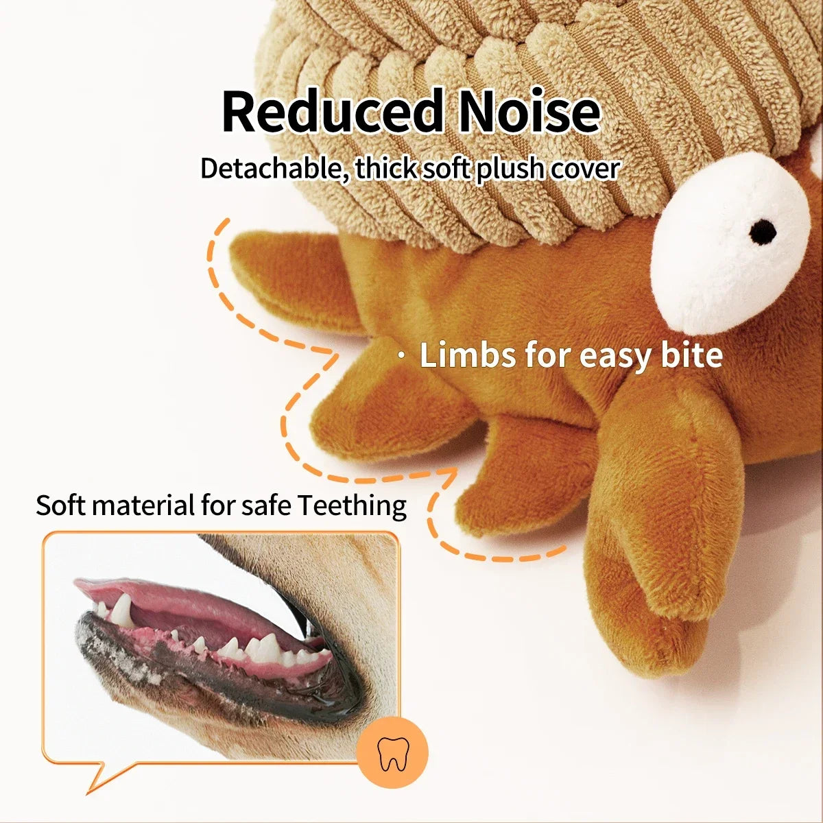 Dog toy with plush cover, detachable limbs, and safe teething material on a white background.