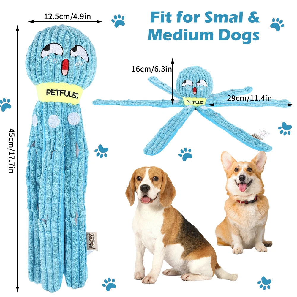 Blue dog toy with measurements and two dogs sitting below it. from shop ThinkyPets