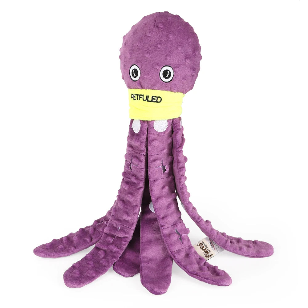 Purple plush octopus toy with a yellow band and 'PETFULLED' branding on a white background from shop ThinkyPets