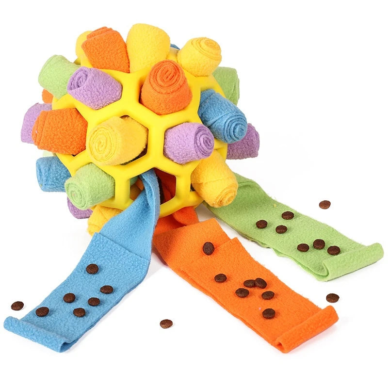 Colorful dog toy with textured surface and straps on a white background  on the shop ThinkyPets