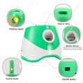 Green and white pitching machine with labeled parts on a white background