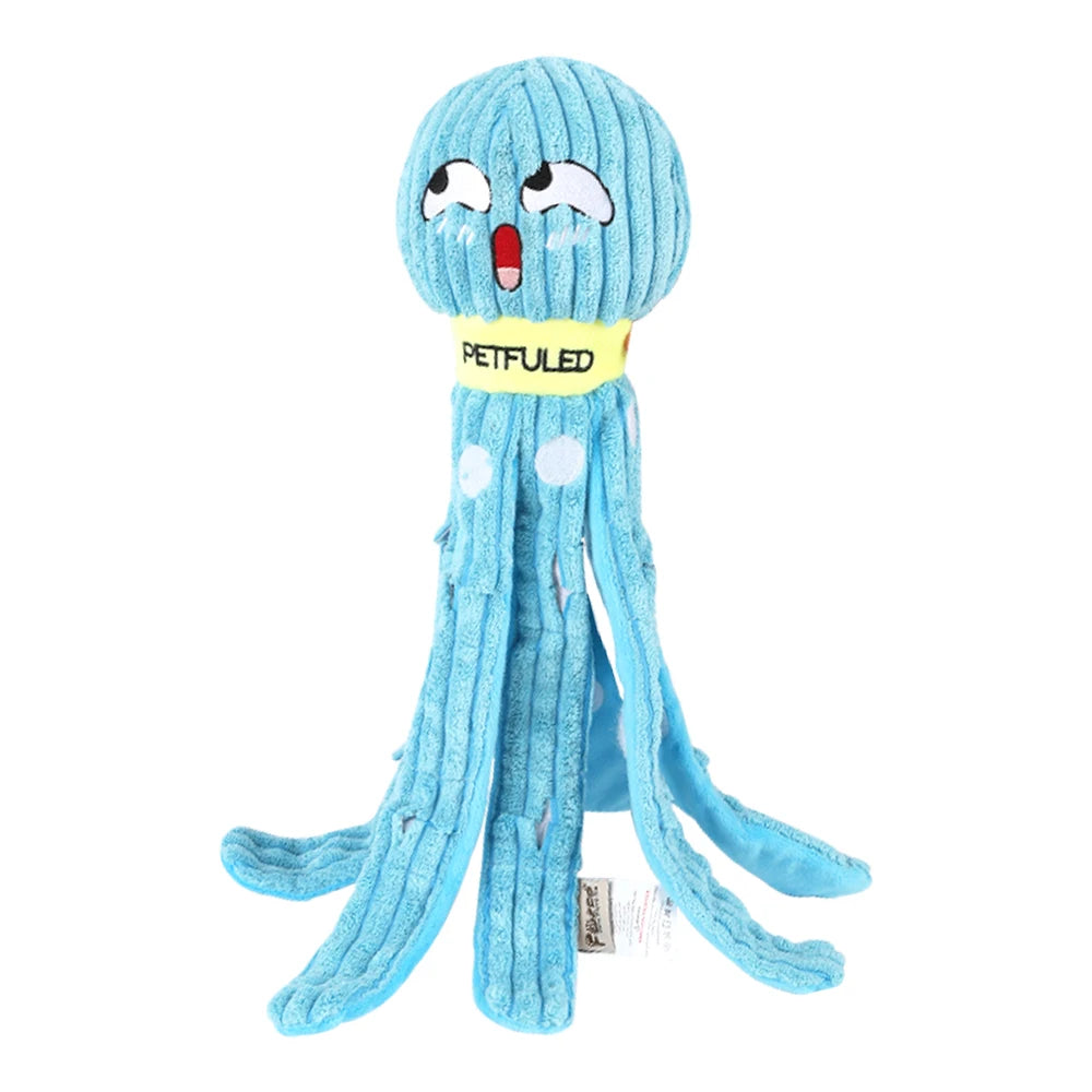 Blue plush toy for puppies and dogs resembling an octopus with a yellow band around its neck displaying 'PETFULLED' from shop ThinkyPets