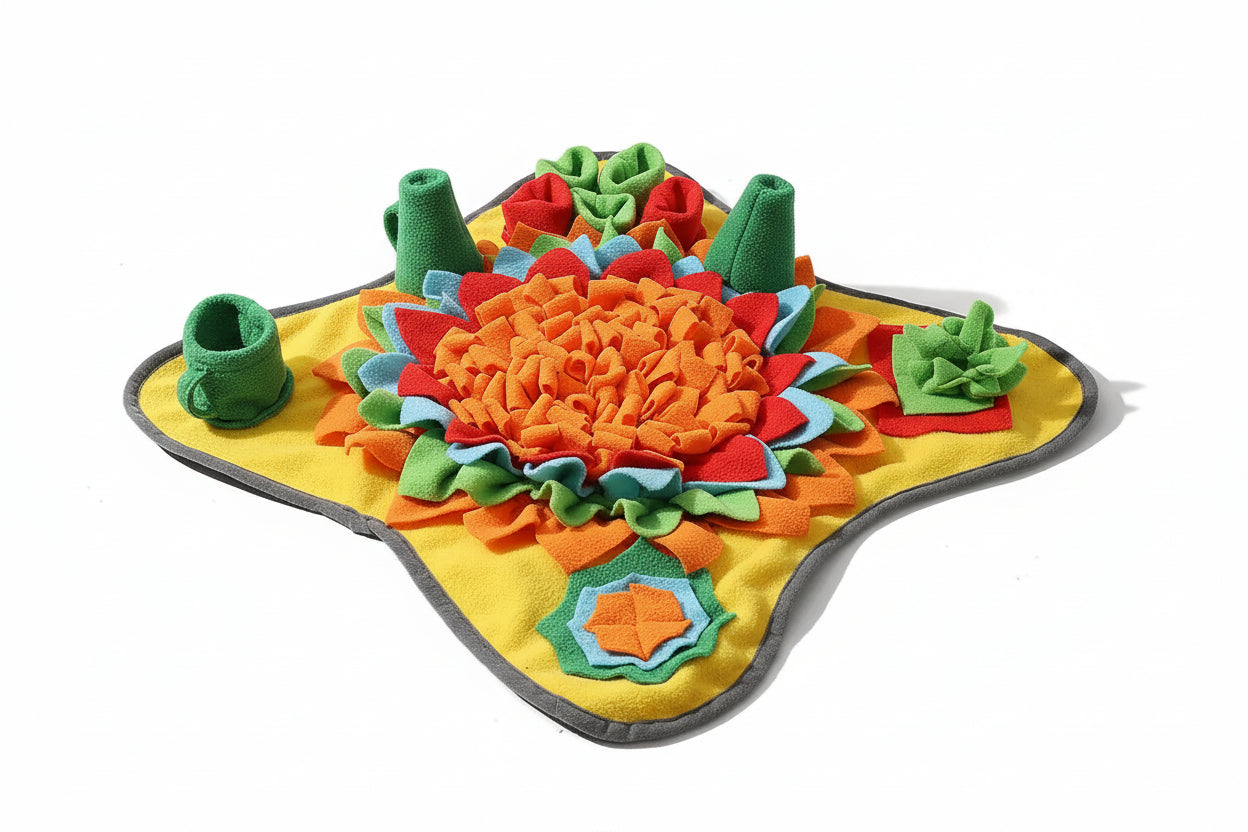 Colorful dog toy mat with a dog sitting next to it on a white background from shop ThinkyPets