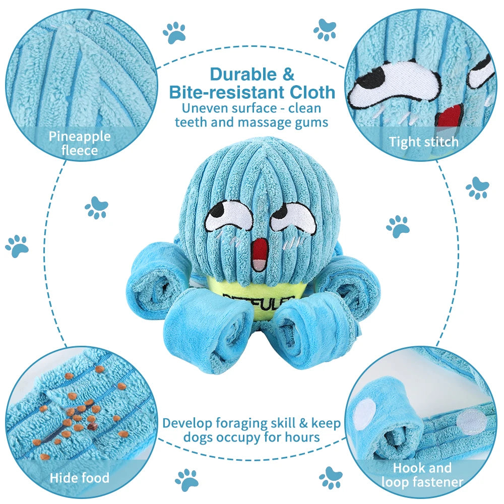 Blue dog toy with features highlighted on a white background from shop ThinkyPets
