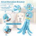 Blue dog toy with text highlighting its benefits, shown with a dog in the background from shop ThinkyPets