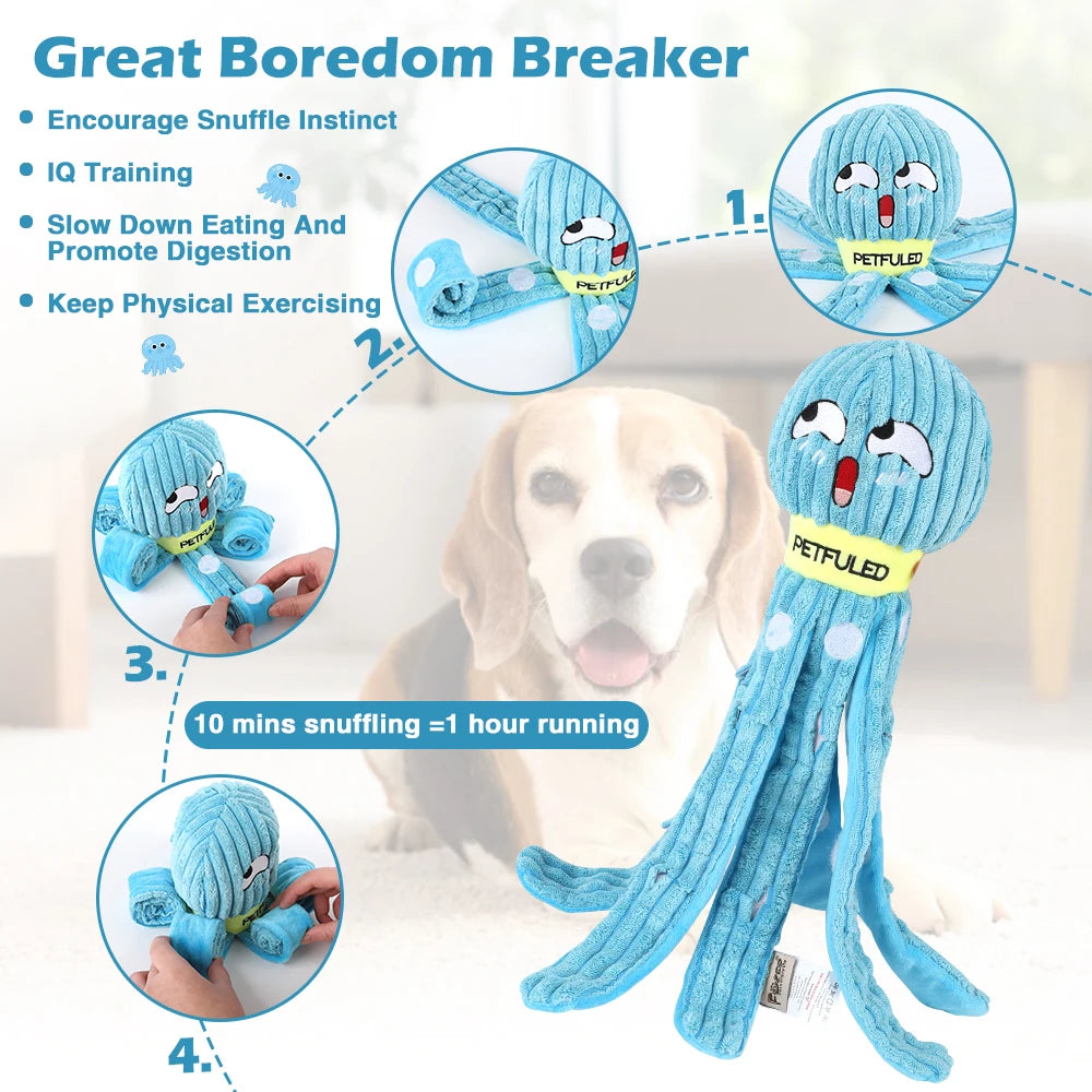 Blue dog toy with text highlighting its benefits, shown with a dog in the background from shop ThinkyPets