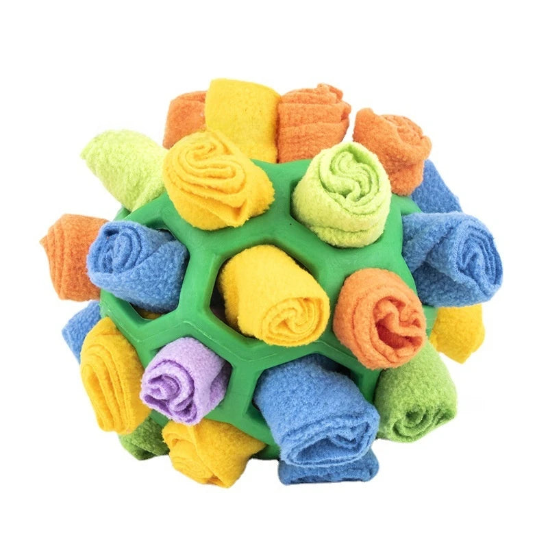 Colorful ball with textured surface and rolled-up fabric pieces on a white background  on the shop ThinkyPets