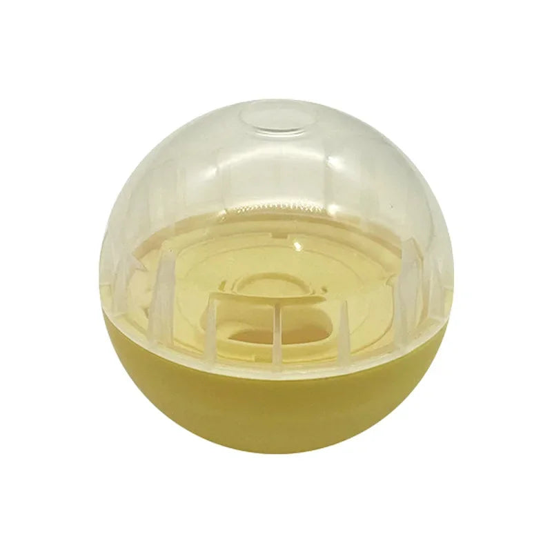 Clear plastic ball for dog and cat treats with a yellowish inside on a white background ThinkyPets online store