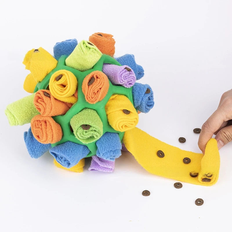 Colorful dog toy with a hand interacting with it on a white background  on the shop ThinkyPets