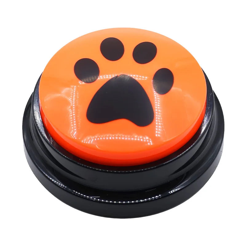 Orange button with a black paw print design on a white background