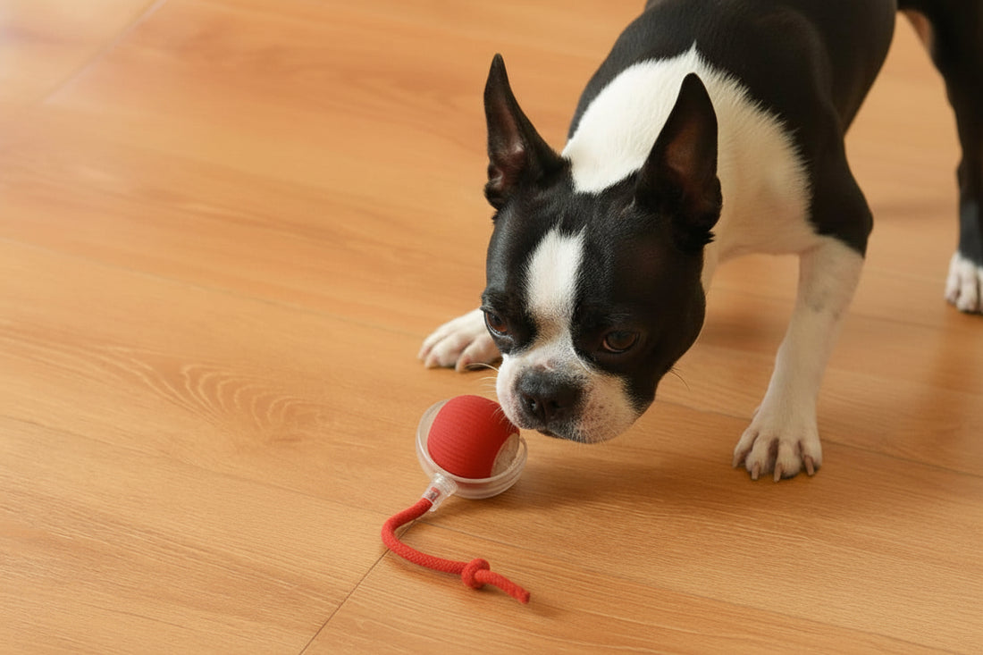 Dog playing with a red ball toy on a wooden floor, with text about the product's features from shop ThinkyPets